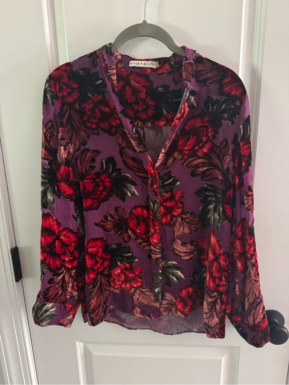 Alice + Olivia Eloise Velvet Burnout Blouse Purple Mandarin Floral